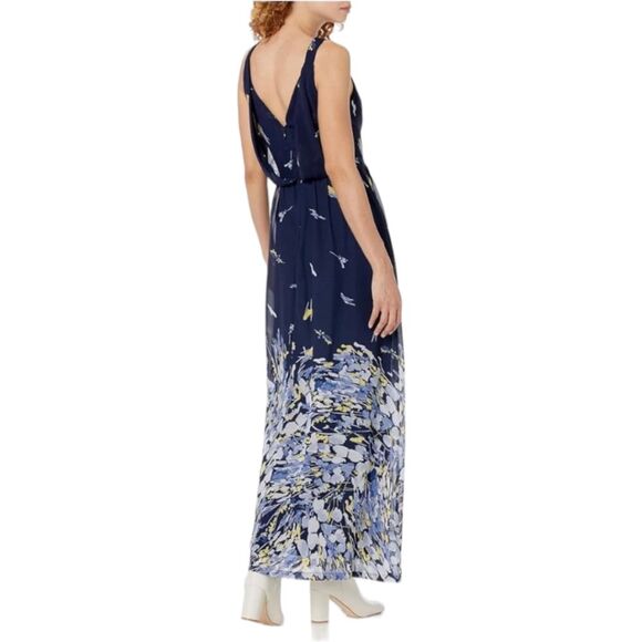 NWT DKNY dress maxi sleeveless chiffon draped back blue yellow abstract floral 4 - Picture 2 of 8